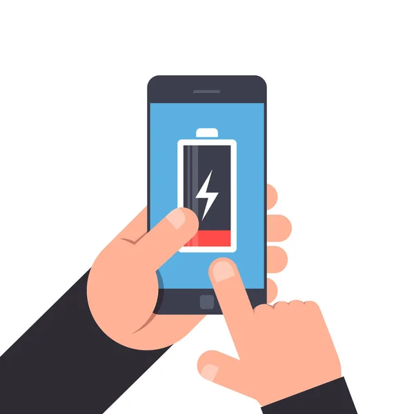 Main tenant et pointant vers un smartphone. Faible autonomie de la batterie du téléphone mobile. Icône de batterie sur fond bleu smartphone. Illustration vectorielle de qualité supérieure dans un style plat isolé sur fond blanc . — Image vectorielle