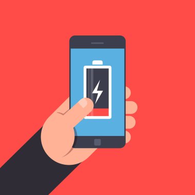 Bir Smartphone-e doğru tutan el. Düşük batarya hayat-in hareket eden telefon. Mavi arka plan Akıllı Pil simgesi. Sigorta primi kalite vektör illüstrasyon izole kırmızı zemin üzerine düz stilde.