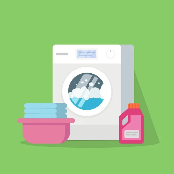 Washing machine with water and foam, a basin with clean linen, powder or conditioner for linen. Vector illustration of a high quality isolated on a green background. — Stock Vector