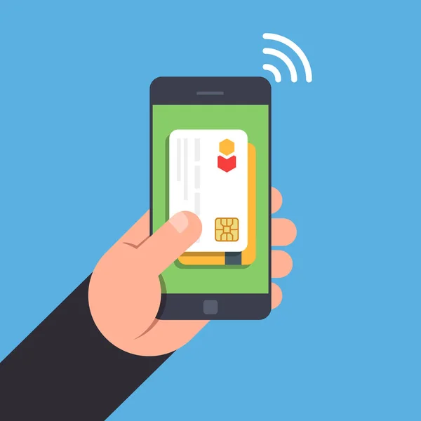 NFC tehnology. Beröringsfri betalning av smartphone. Bankkort på skärmen smartphone. Mobiltelefon i en man hand. Flat vektorillustration. Ovanifrån. — Stock vektor