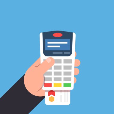 Banka kartı ile ödeme. Ödeme kişi elinde terminal. Düz izole illüstrasyon vektör.