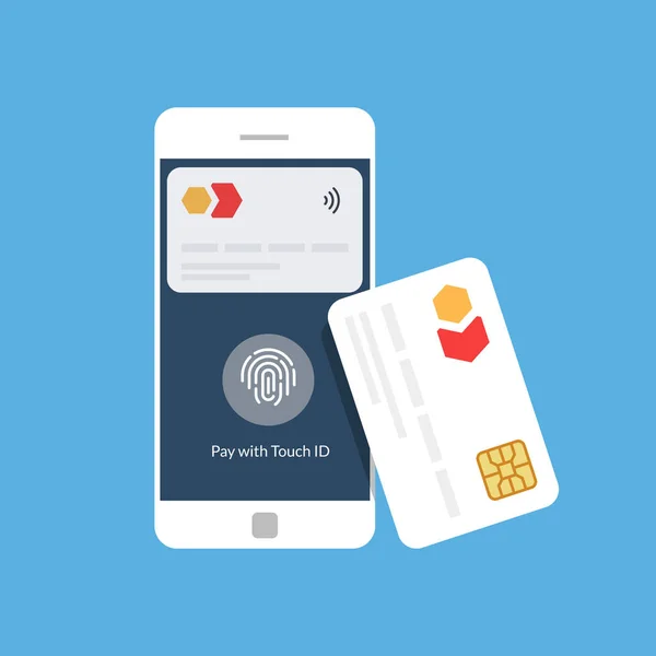 Banka kartı ve mobil ödeme. Alan iletişimi. NFC. düz vektör çizim — Stok Vektör