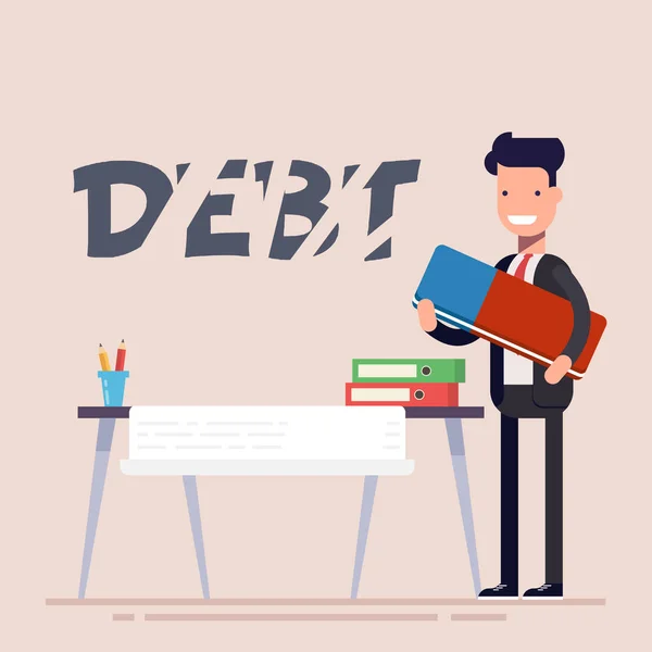 Happy businessman or manager at the workplace erasing the inscription of the debt by an eraser. Vector illustration in flat style. — Stock Vector