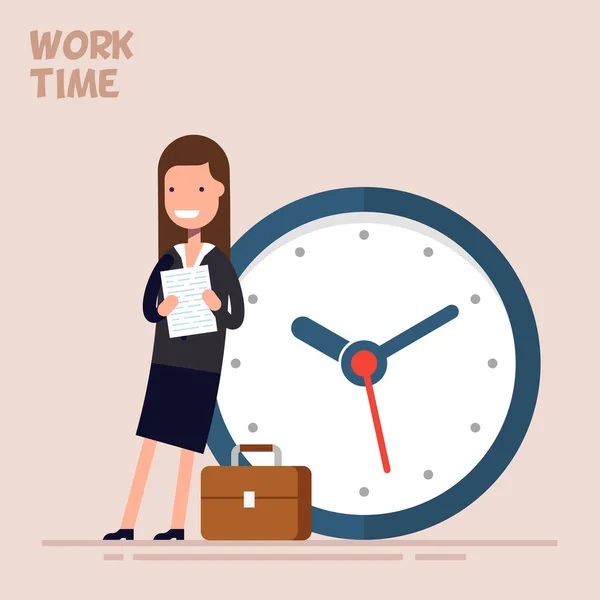 Bonne femme d'affaires ou gestionnaire est debout près d'une grande horloge. Illustration vectorielle dans un style plat. Concept de gestion du temps . — Image vectorielle