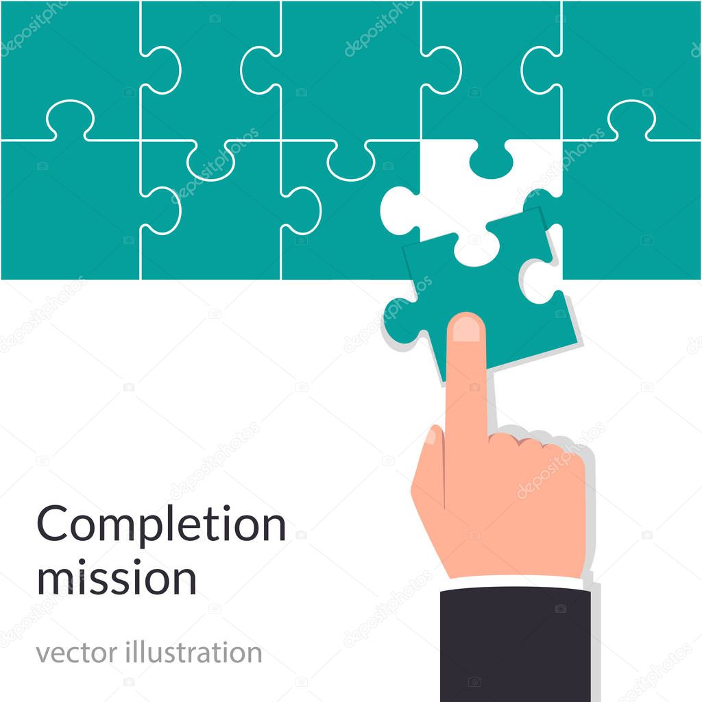 Completion mission concept. Businessman holding puzzle in hands putting in jigsaw. Vector illustration flat design. Isolated illustration.