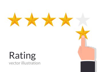 Geri bildirim kavramı. Beş yıldızlı rating veren işadamı el. Vektör çizim düz stil.