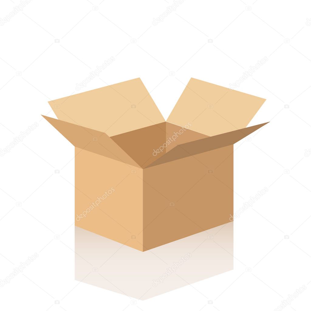Open cardboard box with reflection. Vector illustration on white background.