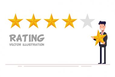 Geri bildirim kavramı. Beş yıldızlı rating vererek mutlu işadamı el. Vektör çizim düz stil.