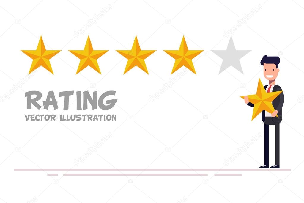 Feedback concept. Happy businessman hand giving five star rating. Vector illustration flat style.