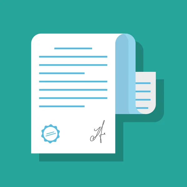 Papper dokument bekräftas av sigill eller stämpel och underskrift. Illustration av ett dokument i platt stil med skugga isolerad på färgad bakgrund. — Stock vektor