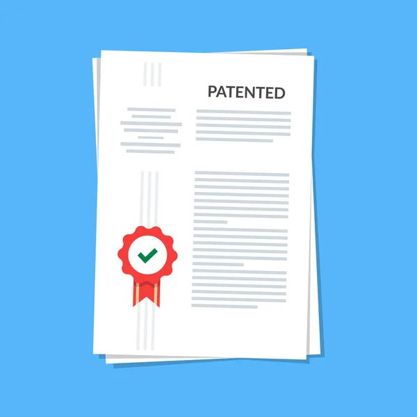 Patentované dokument schválený razítkem. Registrované duševní vlastnictví, představu o patentové licenční certifikát. vektorové ilustrace ikona, ploché karikatury papíru doc izolované na modrém pozadí. — Stockový vektor