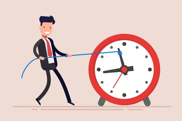 Empresário ou gerente está perdendo tempo. O homem está a tentar recuperar o tempo. O empresário não cumpriu a tarefa a tempo. . — Vetor de Stock