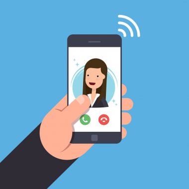Bir cep telefonuna gelen bir arama kavramı. İş kadını veya Yöneticisi Smartphone'da çağırır. Kabul veya gelen aramayý reddetmek. Vektör düz çizim.