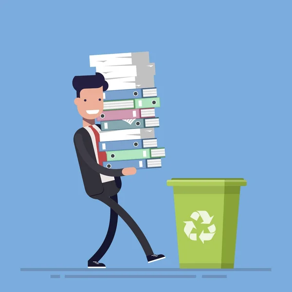 Businessman or manager throws paper documents into a trash can. The concept of rejection of paper carriers. Vector illustration in cartoon flat style. — Stock Vector
