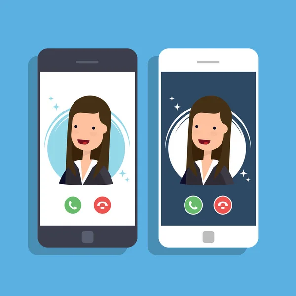 Chiamata in arrivo sul cellulare. Donna d'affari o manager chiama sullo smartphone. Accetta o rifiuta una chiamata in arrivo. Illustrazione piatta vettoriale . — Vettoriale Stock