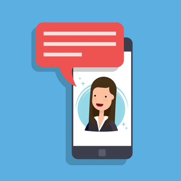Concepto de mensaje entrante en un teléfono móvil. Mujer de negocios o gerente habla en la pantalla del teléfono inteligente. Videollamada o conferencia . — Vector de stock