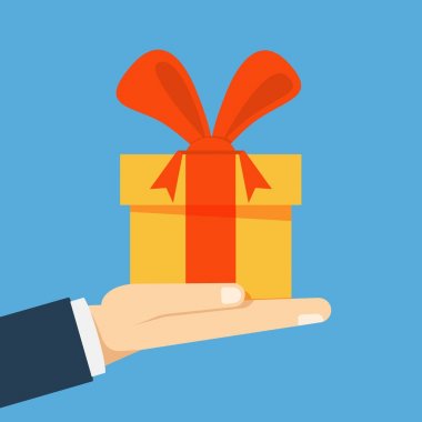 Elinde bir yay ile hediye kutusu. İşadamı, Yöneticisi veya satıcı bir tatil veya doğum günü için bir hediye almak öneriyor. Vektör düz çizim.