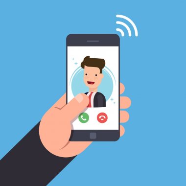 Bir cep telefonuna gelen bir arama kavramı. İşadamı veya Yöneticisi Smartphone'da çağırır. Kabul veya gelen aramayý reddetmek. Vektör düz çizim.