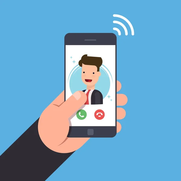 Concept of an incoming call on a mobile phone. Businessman or manager calls on the smartphone. Accept or reject the incoming call. Vector flat illustration. — Stock Vector