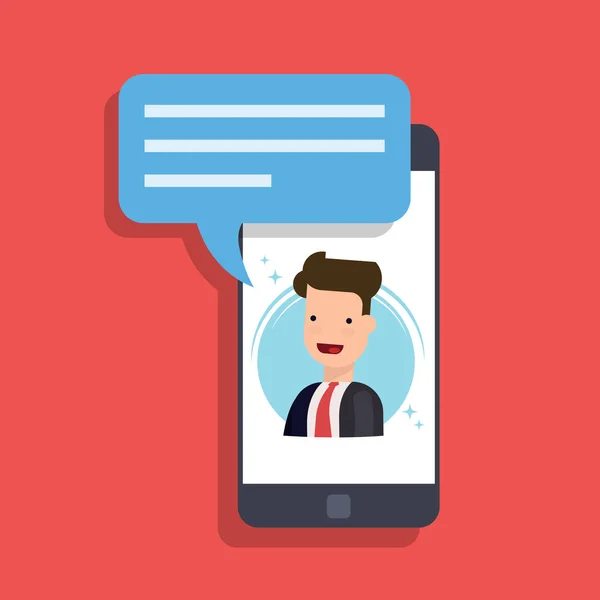 Concepto de mensaje entrante en un teléfono móvil. Hombre de negocios o gerente habla en la pantalla del teléfono inteligente. Videollamada o conferencia . — Vector de stock