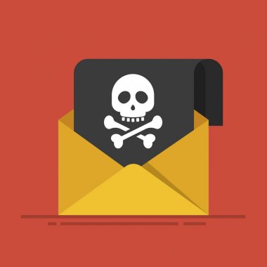 Spam ve virüs gönderme kavramı. Hacker saldırı. Yazılı zarf siyah yaprak ve kafatası ve kemik bir resim ile. Düz vektör illüstrasyon izole kırmızı zemin üzerine.