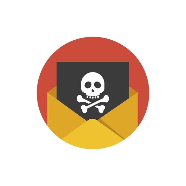 Icono de ataque Hacker. Concepto de envío de spam y virus. Sobre escrito con una hoja negra y una imagen del cráneo y los huesos. Ilustración vectorial plana aislada sobre fondo — Archivo Imágenes Vectoriales