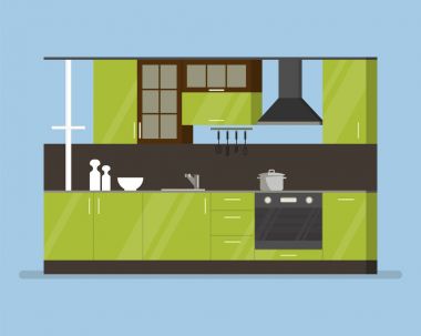 Modern iç mutfak oda yeşil tonlarında. Mutfak aletleri ve ev aletleri. Güveç çanağı bardak ve bıçaklar. Düz izole karikatür çizimi.