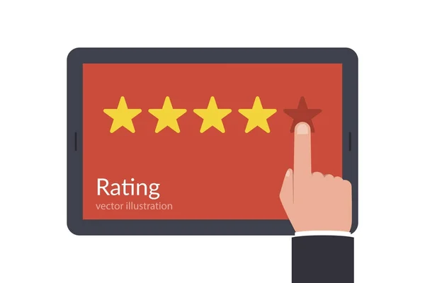 反馈的概念。在平板电脑屏幕上的星星。用户提出评估或评级, 留下关于申请、服务或机构的评论. — 图库矢量图片