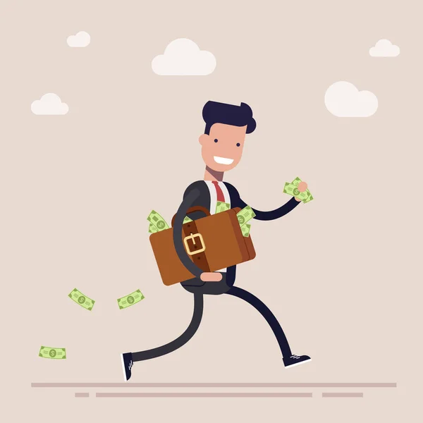 Happy businessman or manager is running with a suitcase full of money. The concept of theft or bribe. Cartoon vector illustration. — Stock Vector
