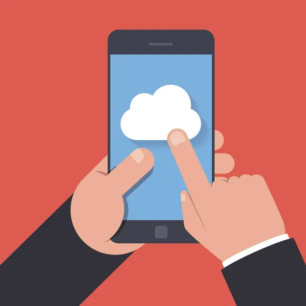 Icona di archiviazione cloud sullo schermo del telefono cellulare. La persona fa clic su uno schermo dello smartphone. Illustrazione vettoriale piatta isolata su sfondo rosso . — Vettoriale Stock