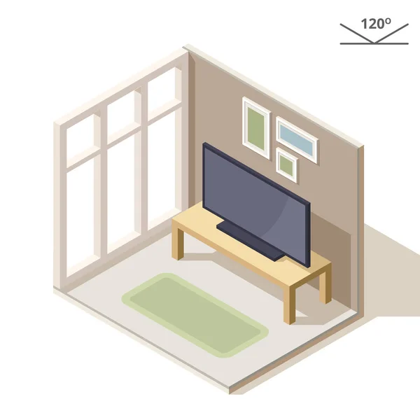 Isometrisk design av ett vardagsrum. TV på soffbordet nära panoramafönstret. Målningar på väggen. 3D illustration. — Stock vektor