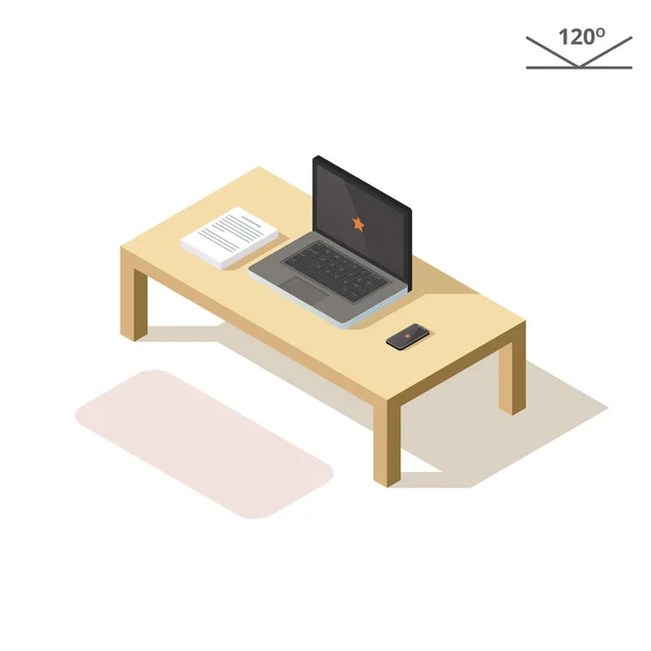 Isometrische Illustration. Laptop-Telefon und Dokumente auf dem Couchtisch. — Stockvektor