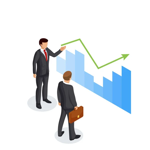Концепція презентації графіка зростання доходів для бізнесмена. Два бізнесмени або менеджери обговорюють схему розвитку бізнесу ізольовано на білому тлі . — стоковий вектор