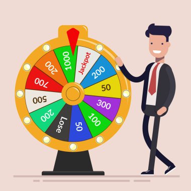 Servet tekerlek ile iş adamı. İş kavramı. Açık renkli izole düz vektör çizim.