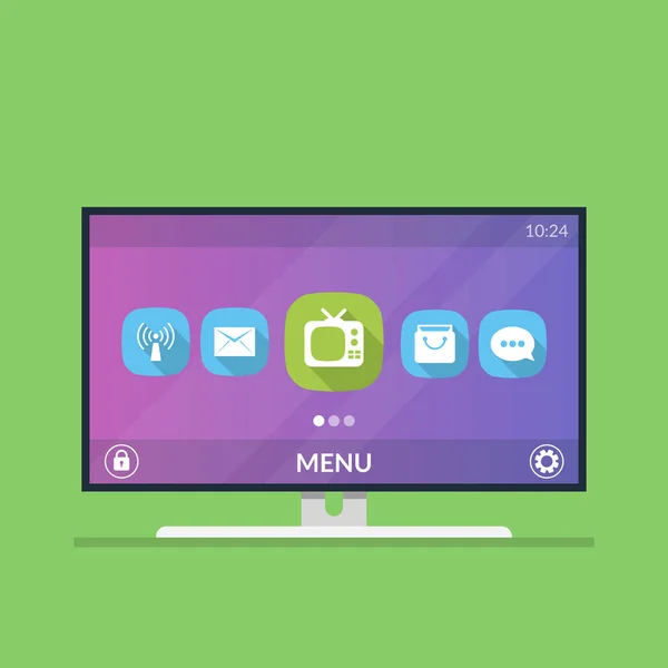 Smart TV. Menu avec icônes et paramètres de télévision intelligente. Illustration vectorielle plate isolée sur fond vert . — Image vectorielle