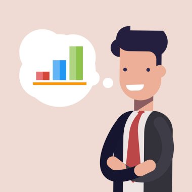 Mutlu işadamı veya Yöneticisi ve konuşma balonu çubuk grafikte. Düz vektör çizim.