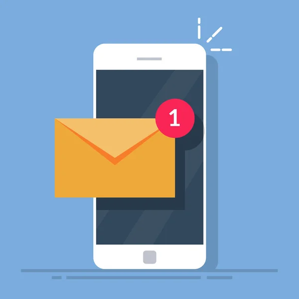 Ειδοποίηση για ένα νέο μήνυμα ηλεκτρονικού ταχυδρομείου στο κινητό τηλέφωνο ή το smartphone σας. Εικονίδιο αλληλογραφίας. Επίπεδη διανυσματικά εικονογράφηση που απομονώνονται σε λευκό φόντο. — Διανυσματικό Αρχείο