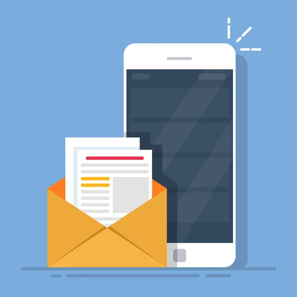 Mail kliens a mobil telefon. A koncepció küldött levelet a smartphone. Lapos vektoros illusztráció elszigetelt kék háttér. — Stock Vector