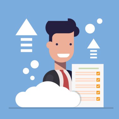 Businessman close-up with document on cloud background. Concept manager work. Flast vector illustration isolated on blue background. clipart