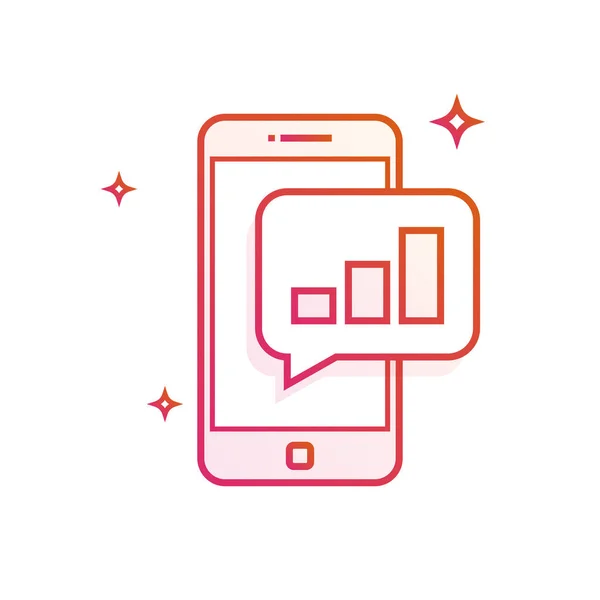 Mozgatható telefon vagy smartphone-val egy üzenet. Növekedés-diagram ikonjára. Színátmenet vonal vektor illusztráció elszigetelt fehér background. — Stock Vector