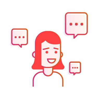 Genç kadın veya kız ile konuşma balonu avatar karakter vektör çizim tasarım beyaz arka plan üzerinde izole.