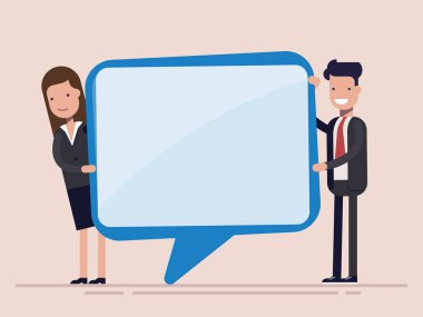 İşadamı ve kadın konuşma balonu tutun. Yöneticisi veya işçi. Düz vektör illüstrasyon izole.