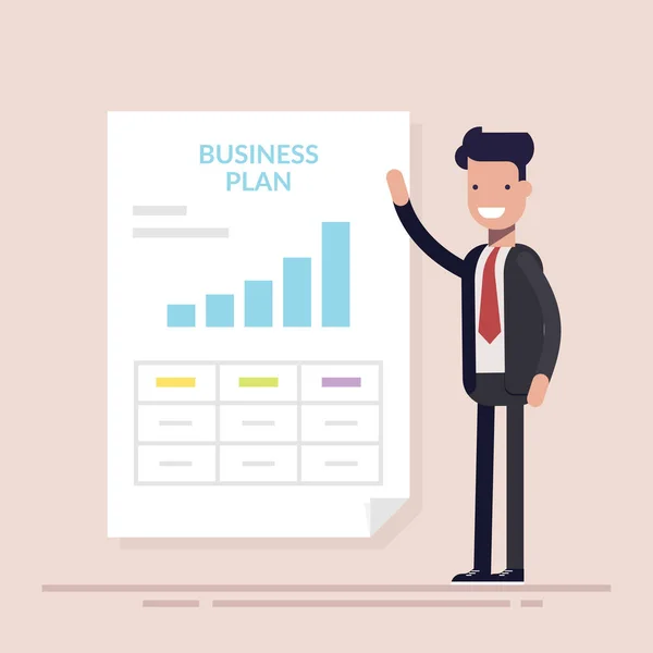 Imprenditore o dirigente che presenta un business plan. documento di lavoro. Illustrazione vettoriale piatta isolato . — Vettoriale Stock