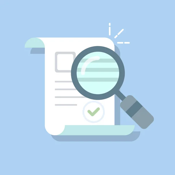 Belge simgesi ve büyüteç. Doğrulandı ya da onaylandı. Düz illüstrasyon arkaplanda izole edildi.