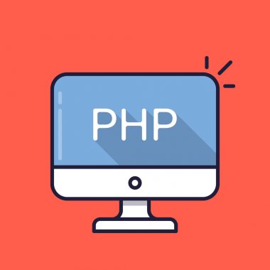 Php sözcük ekranda bir bilgisayar. Sunucu tarafı komut dosyası dili. Web geliştirme, arka uç programlama, kodlama, kavramları öğrenme. Basit çizgi simgesi. Modern uzun gölge düz tasarım vektör çizim