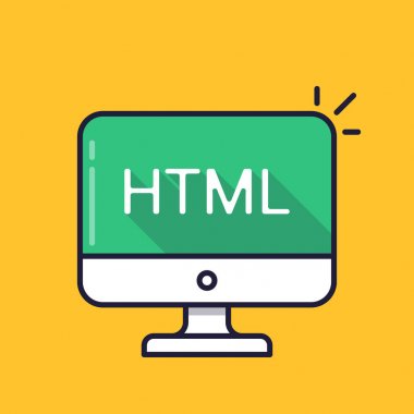 Bilgisayar ekranında Html word ile. Köprü metni biçimlendirme dili kavramı. Web geliştirme, web sayfası, kodlama, kavramları öğrenme oluşturmak. Basit çizgi simgesi. Modern uzun gölge düz tasarım vektör çizim