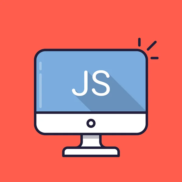 Számítógép Js szó a képernyőn. JavaScript programozási nyelv. Webfejlesztés, hozzon létre js script, kódolás, tanulási fogalmak. Egyszerű sor ikon. Modern hosszú árnyék lapos design vektor illusztráció — Stock Vector
