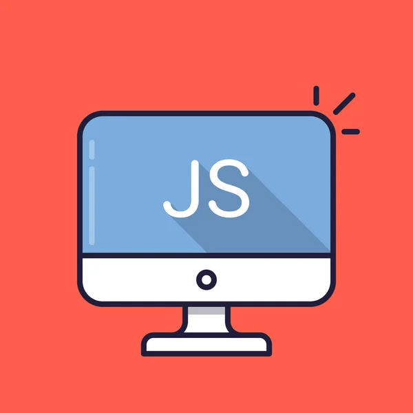 Computador com palavra JS no ecrã. Linguagem de script Javascript. Desenvolvimento web, criar script js, codificação, conceitos de aprendizagem. Ícone de linha simples. Ilustração plana moderna do vetor do projeto da sombra longa — Vetor de Stock