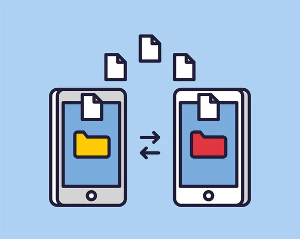 Transferência de arquivos de imagem de dados entre smartphone dispositivo. Transferência de arquivos cópia arquivos conceito de troca de folha de dados. Ilustração de ícone isolado de desenho animado de linha plana vetorial —  Vetores de Stock