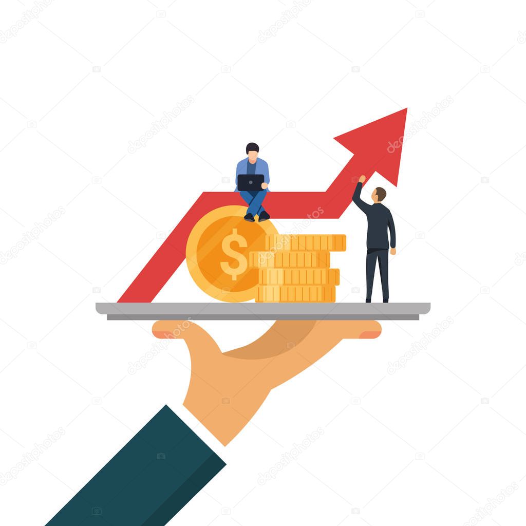 Money or coins on tray. Concept of financial growth in form of graph. Little people work on increasing the capital. Flat vector illustration isolated.